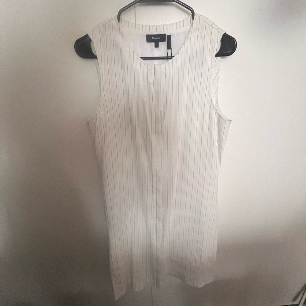 Theory White Striped Linen Dress Size 8 Front Zip Luxury Dress for work